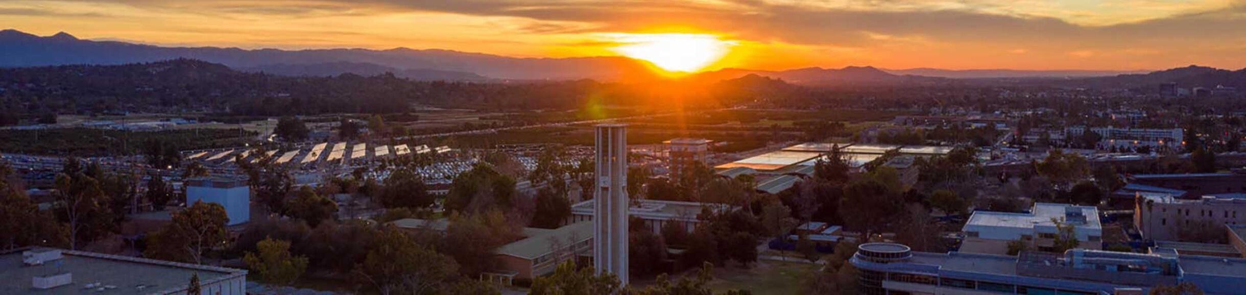 aerial view of campus at sunset