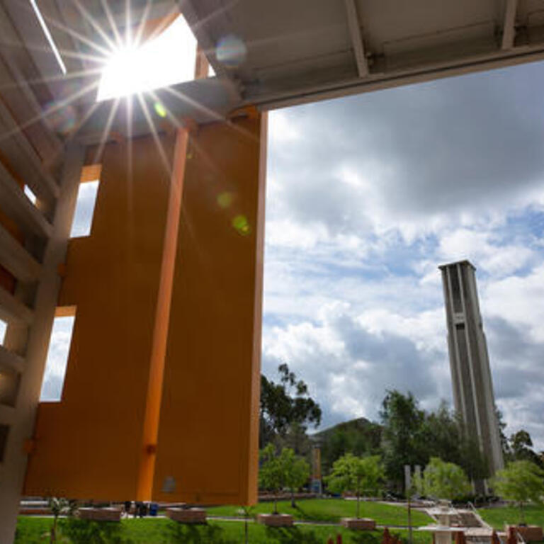 view of UCR Bell Tower from inside The Hub